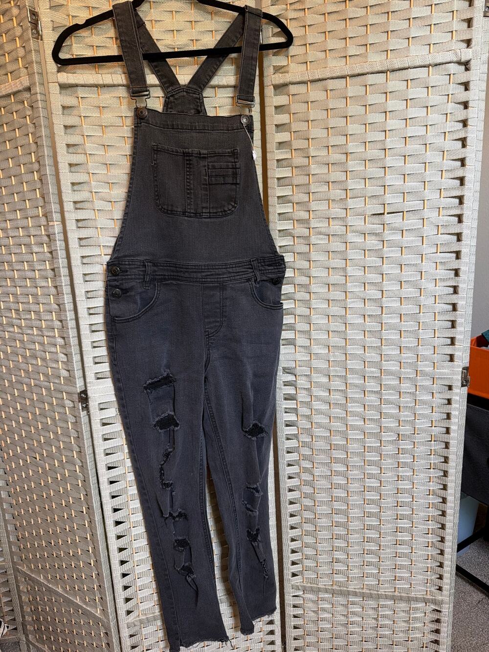 Almost Famous Women's Distressed Denim Skinny Overalls Jumpsuit Black 9